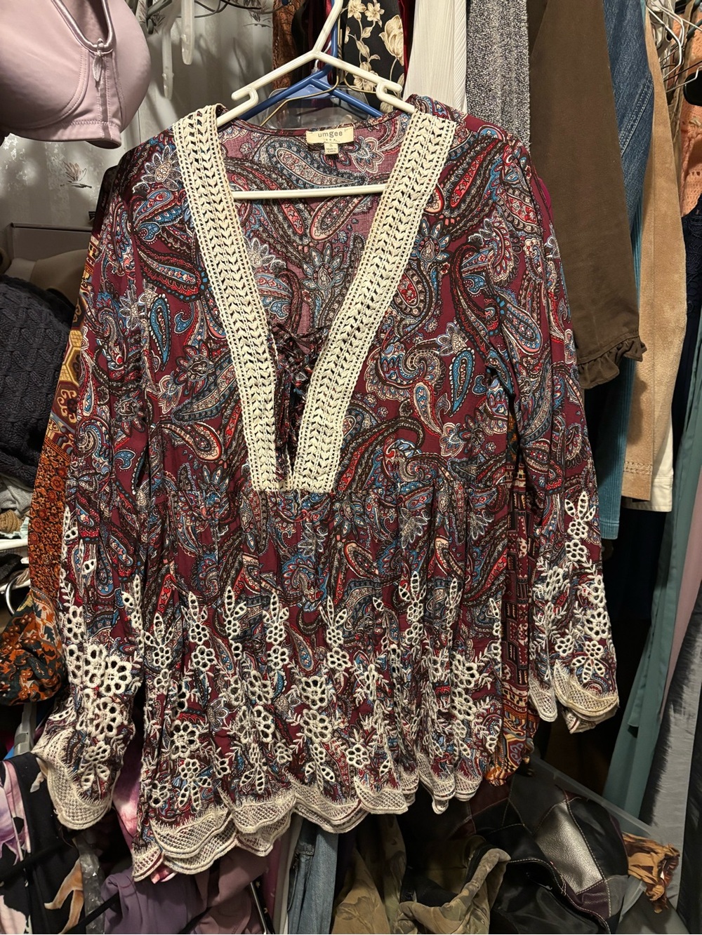 Boho Paisley Crochet-Trim Blouse - Burgundy